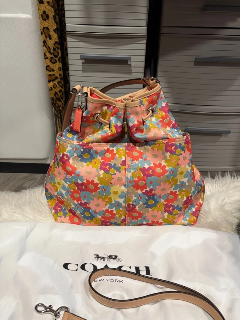 Coach Floral Drawstring Bucket Bag - Pink, Red, Blue, Yellow, Cream - Picture 5 of 15